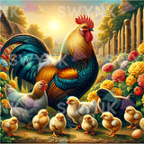 Paint by numbers Hane, høns og kyllinger på gården